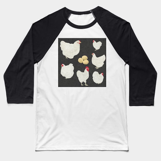 White Orpington Chicken Pattern Baseball T-Shirt by TrapperWeasel